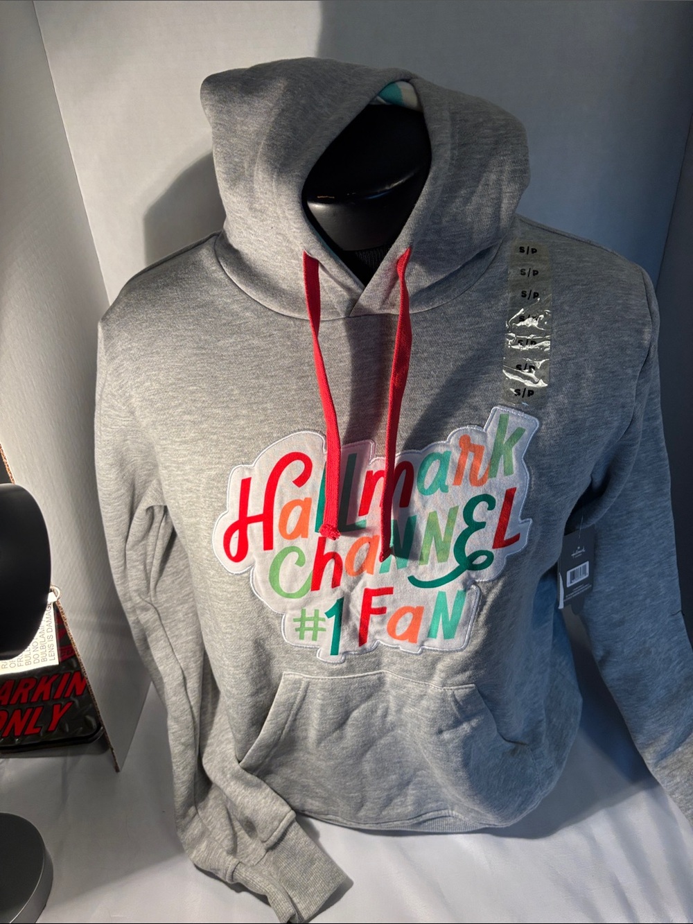 Hallmark Gray Hoodie with Red Drawstrings and Multicolor Logo